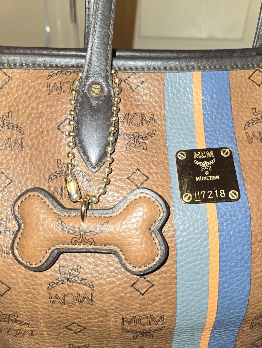 MCM Visetos Dog Bone Striped Shopper Tote Bag - Picture 6 of 17